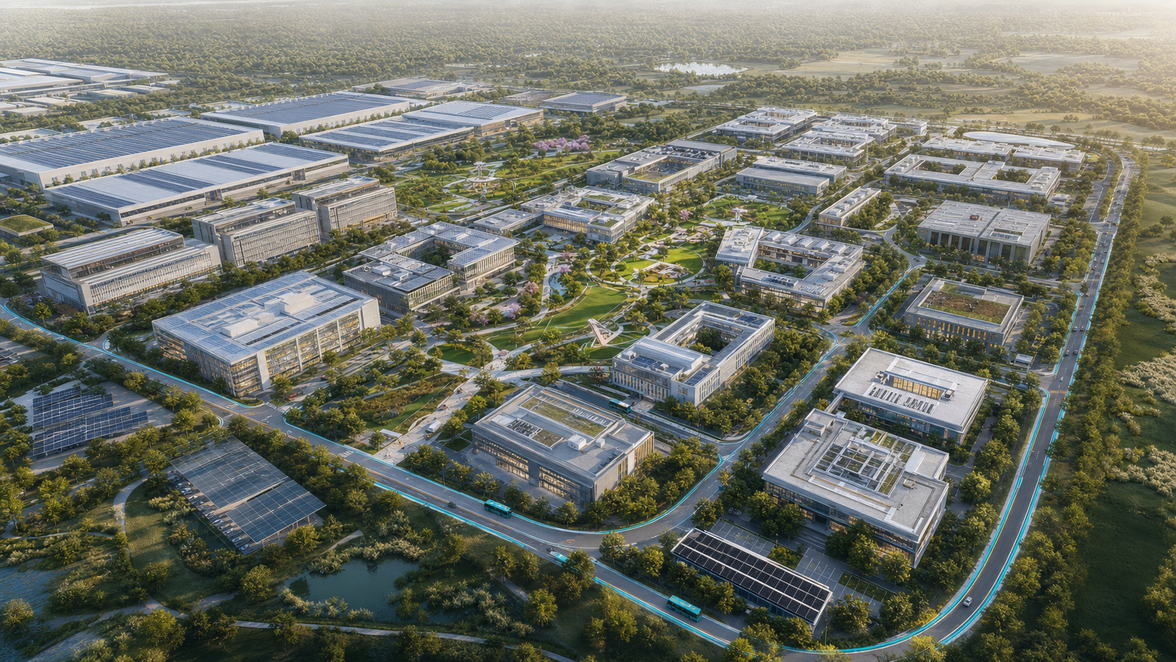 Original aerial visualization of the GENET City science and technology campus